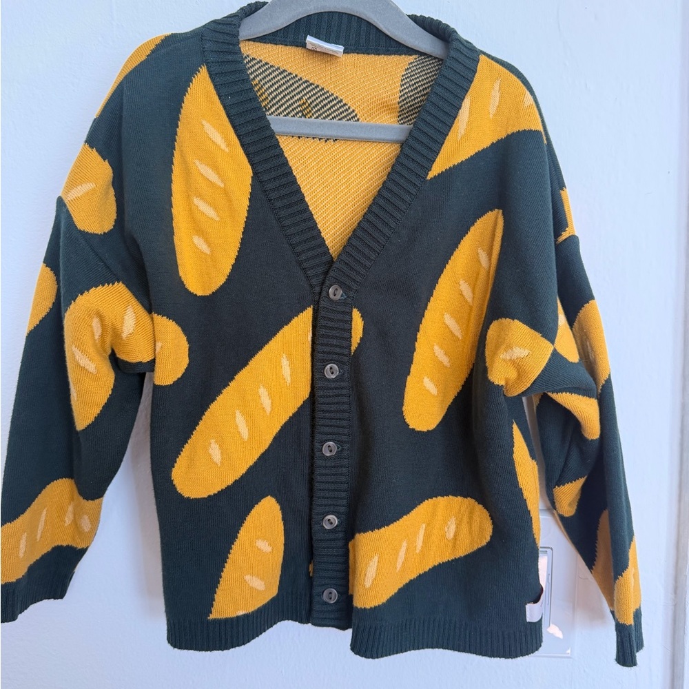 Unbranded Kids Green & Mustard Bread-Print Cardigan